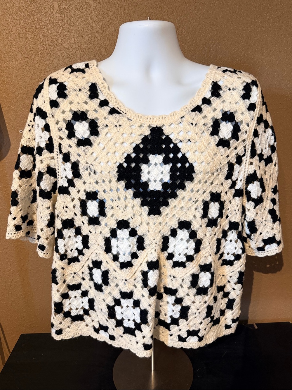 POL Hand-Crocheted Square-Motif Tunic in Cream and Black